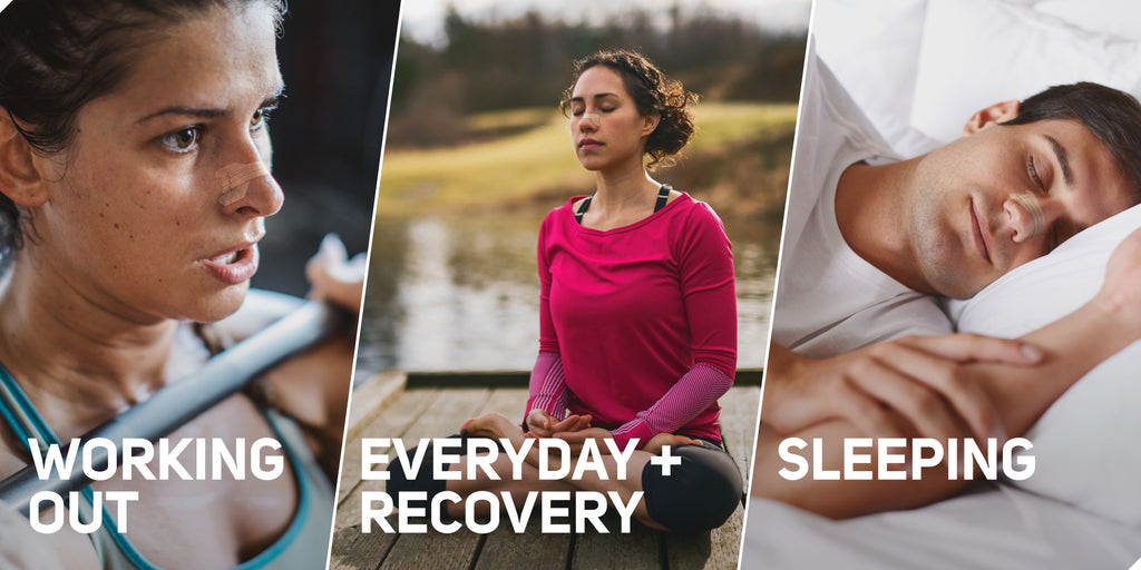 woman wearing a clear passage nasal strip while working out, woman wearing one while doing yoga and a man wearing one while sleeping