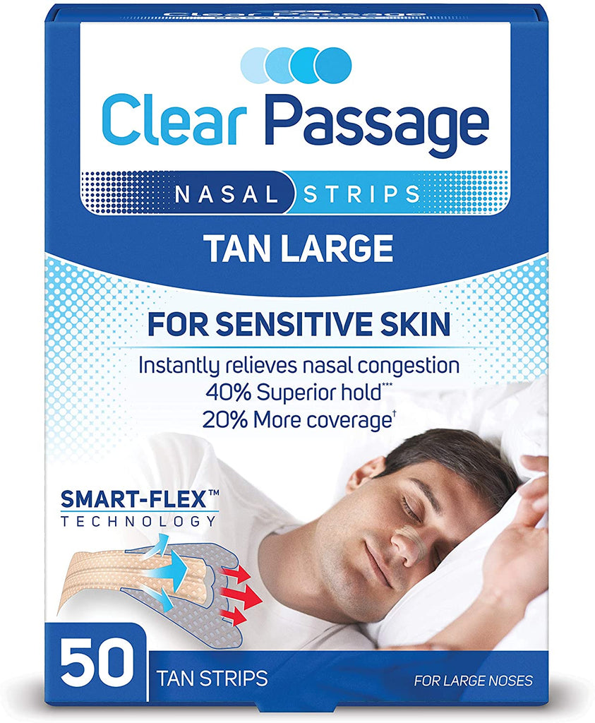 The image of the box for Clear Passage Nasal Strips - Tan Large with the following main claims: "For Sensitive Skin, instantly relieves nasal congestion, 40% Superior hold, and 20% more coverage." The box contains 50 tan strips for small to medium-sized noses.