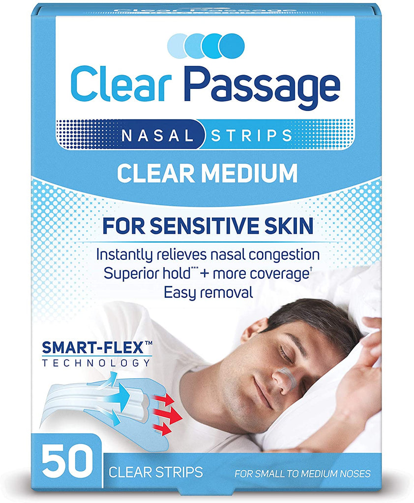 The packaging image for the Clear Passage Nasal Strips - Clear Medium variant bearing the following notable claims: "For Sensitive Skin, instantly relieves nasal congestion, Superior hold + more coverage, Easy removal." The box contains 50 clear strips for noses of small to medium size.