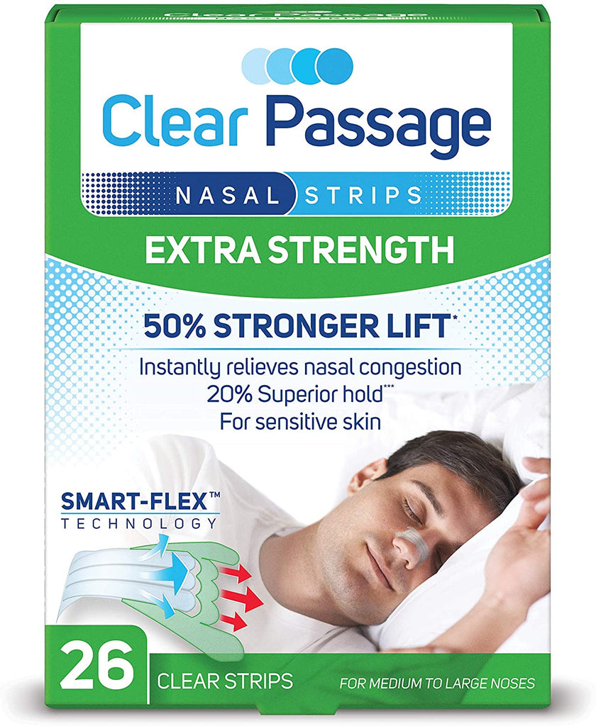 The actual image of the Clear Passage nasal strips packaging for the clear strips variation. The claims "Extra Strength, 50% greater lift, 40% superior hold and 20% more coverage" is shown in a green-colored box. The pack includes 26 clear strips for medium to large noses.