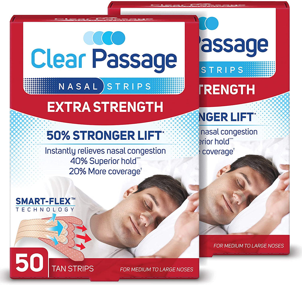 An image of a red-colored box of Clear Passage nasal strips bearing the claims "Extra Strength, 50% greater lift, 40% superior hold, and 20% more coverage." Each box has 100 tan strips for noses sized medium to large.