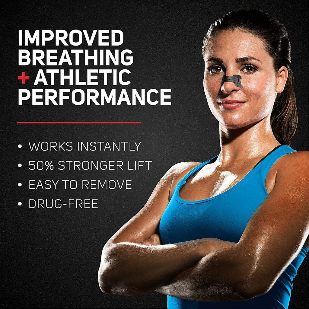 Woman wearing a performance nasal strip, with the claims works instantly, 50% stronger lift, easy to remove, drug free. Improved breathing and athletic performance