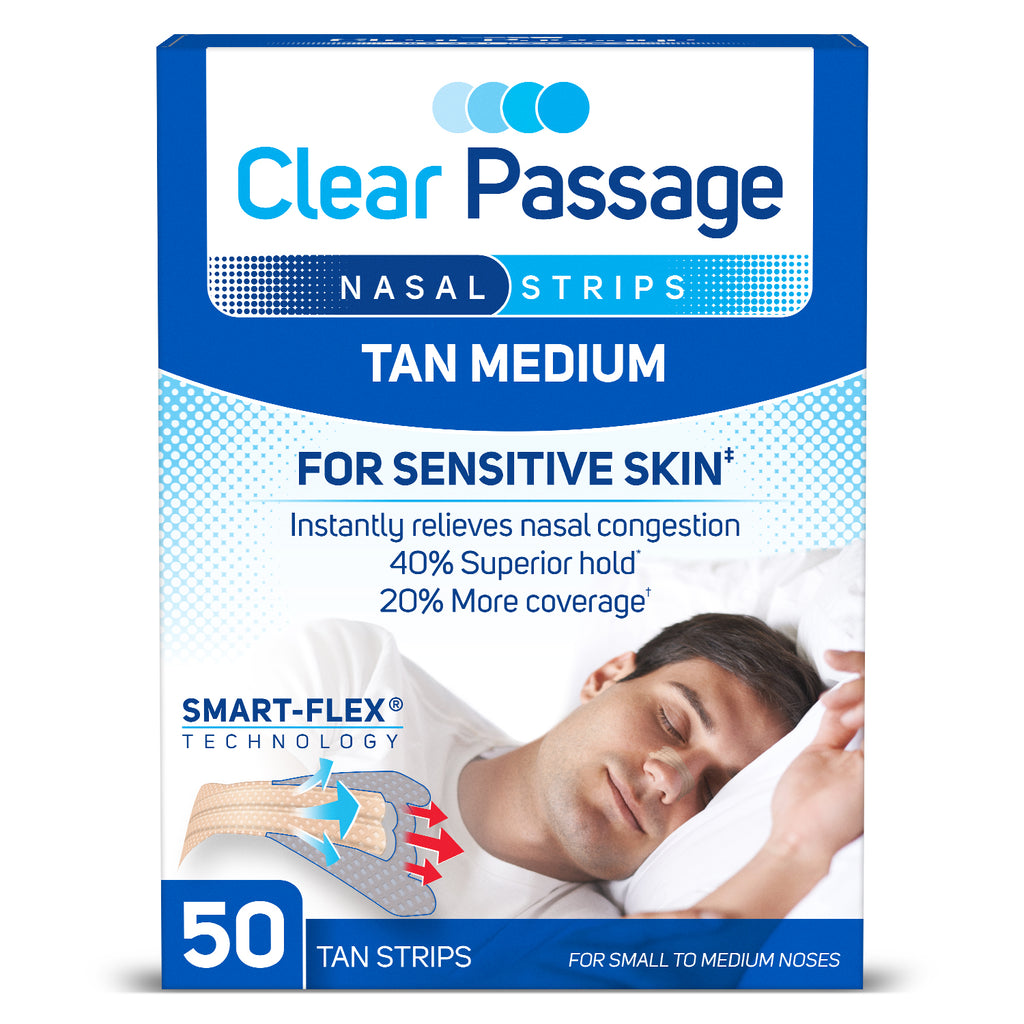 The image of the box for Clear Passage Nasal Strips - Tan Medium with the following main claims: "For Sensitive Skin, instantly relieves nasal congestion, 40% Superior hold, and 20% more coverage." The box contains 50 tan strips for small to medium-sized noses.