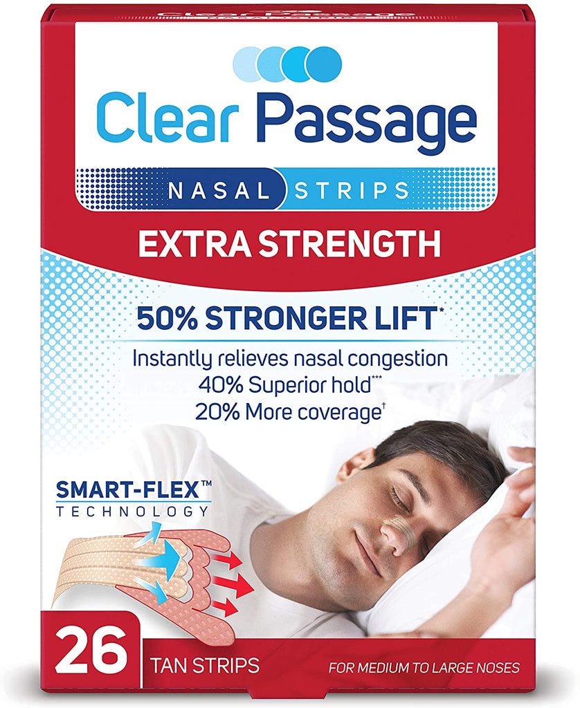 An image of a red-colored box of Clear Passage nasal strips bearing the claims "Extra Strength, 50% greater lift, 40% superior hold, and 20% more coverage." Each box has 26 tan strips for noses sized medium to large.