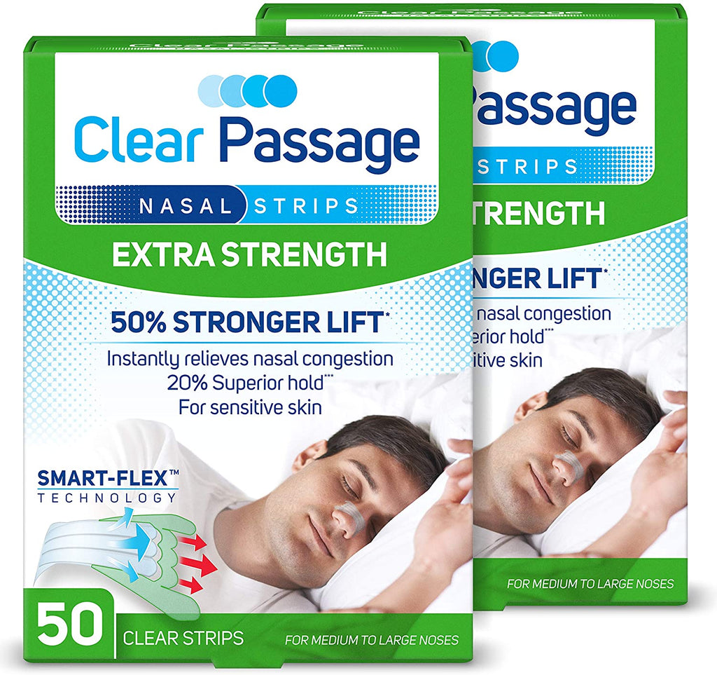 The actual image of the Clear Passage nasal strips packaging for the clear strips variation. The claims "Extra Strength, 50% greater lift, 40% superior hold and 20% more coverage" is shown in a green-colored box. The pack includes 100 clear strips for medium to large noses.